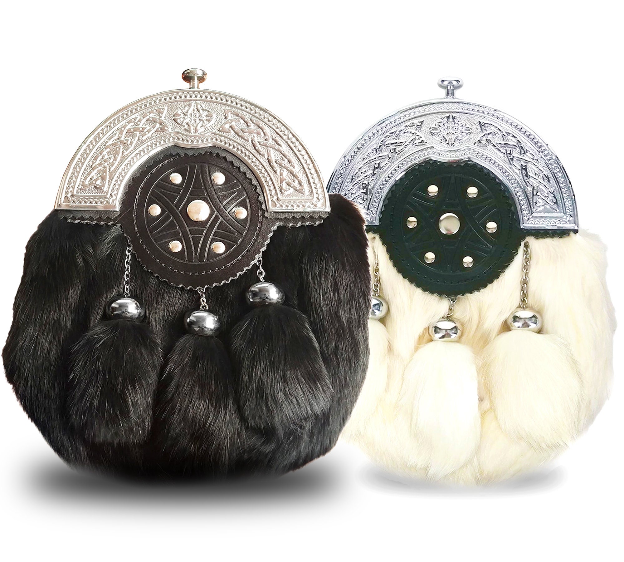 Scottish Dress Kilt Sporran – Chrome Cantle with Natural Black & White  Fur and Three Tassels
