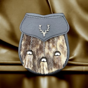 Semi Dress Sporran – Black Leather with Golden Goat Skin & Stag Head Badge – Scottish Kilt Accessory