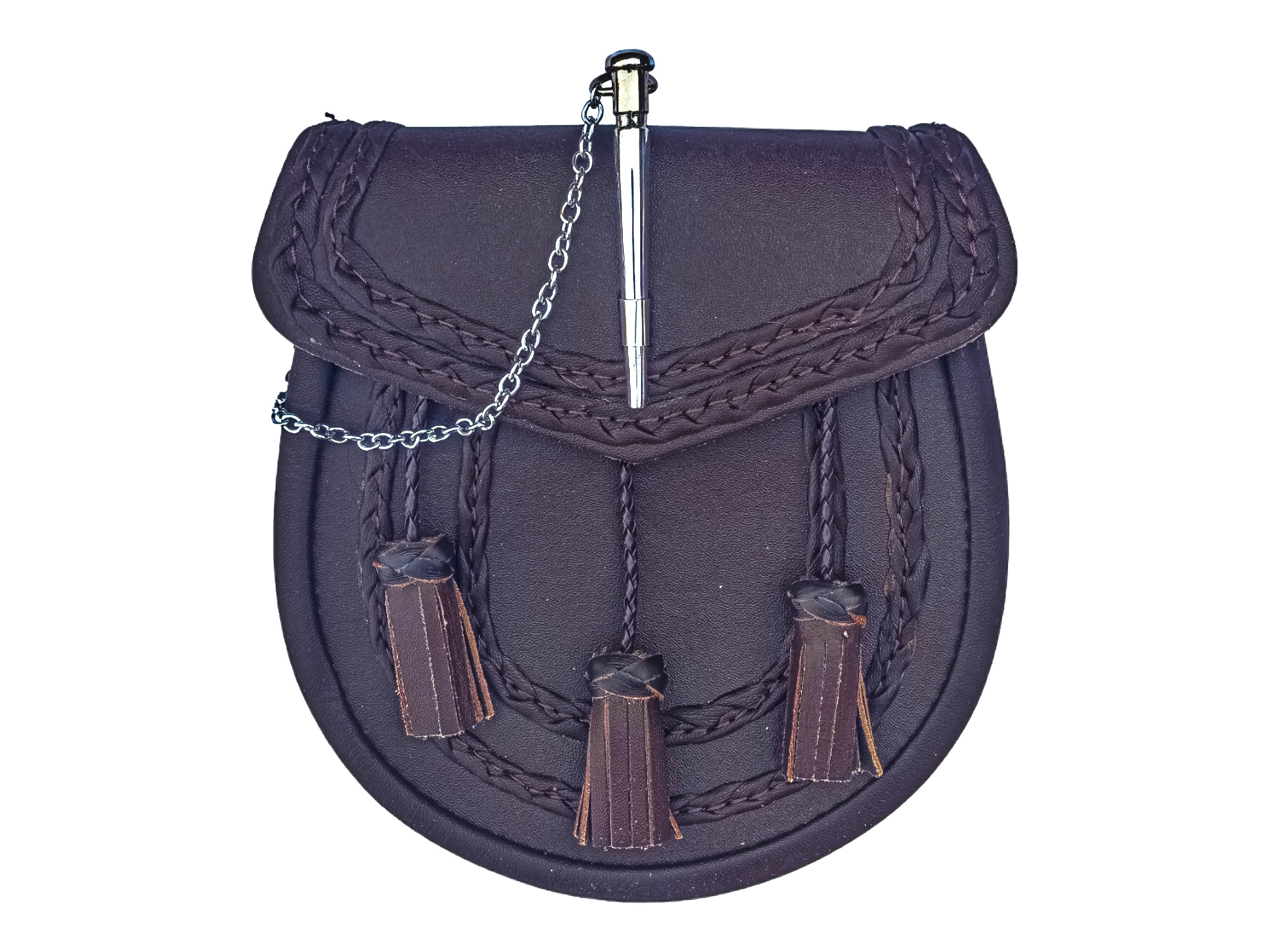 Irish Shamrock Leather Kilt Sporran With 3 Tassels And Chain Belt