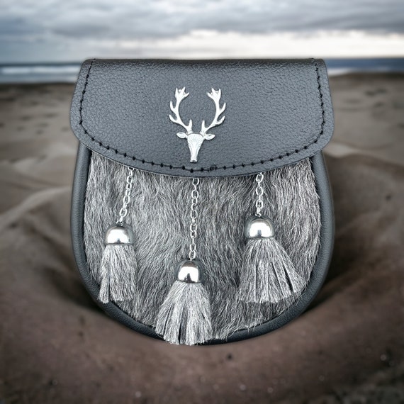 Premium Fatto A Mano - Grigio E Nero Coniglio Pelliccia Semi Abito Scozzese SPORRAN - Celtic Sporran E Cintura Catena - Kilt Sporran - Italia - Foto 5