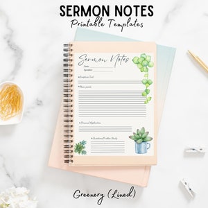 May include: A printable sermon notes template with a green and white watercolor design. The template includes sections for date, speaker, scripture text, main points, personal application, and questions for further study.