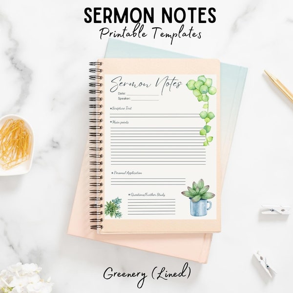 Greenery Sermon Notes Digital Template | 6 beautiful greenery themed sermon journal designs | US Letter, A4, A5 | Goodnotes