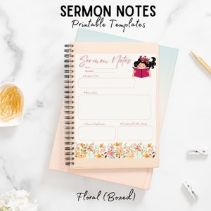 May include: A printable sermon notes template with a floral design. The template features a girl with brown hair and a pink dress reading a book. The text "Sermon Notes" is at the top of the page.