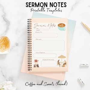 Coffee & Sweets Sermon Notes Digital Template | 6 beautiful printable sermon note journal boxed designs | US Letter, A4, A5 | Goodnotes