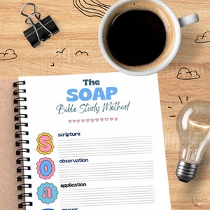 May include: A white notebook with a black spiral binding and the words "The SOAP Bible Study Method" written in blue and pink letters. The notebook is on a wooden surface with a cup of coffee, a light bulb, and a paperclip.