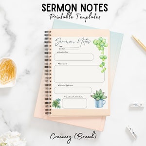Könnte beinhalten: Druckbare Predigtnotizen-Vorlage mit einem Grünpflanzen-Thema. Die Vorlage enthält Abschnitte für Datum, Redner, Bibeltext, Hauptpunkte, persönliche Anwendung und Fragen zur weiteren Erforschung. Die Vorlage ist mit Aquarell-Illustrationen von Sukkulenten und Grünpflanzen verziert.