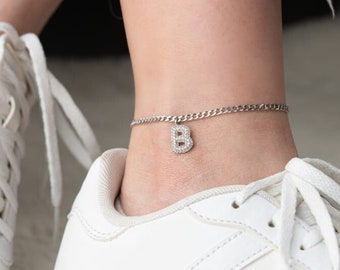 Bracelet de cheville avec lettre ballon, Bijoux d'été en argent avec pierres, Bijoux de plage imperméables, Bracelet de cheville délicat avec lettres en argent, Cadeau pour maman