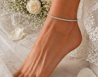 3 mm Moissanite Bridal Anklet, Dainty Wedding Jewelry, Moissanite Stone Beach Jewelry, Gift for Bride