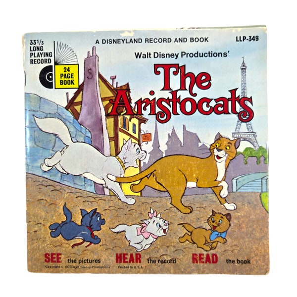 The Aristocats Disneyland Book and Record 7 Inch 33rpm Vintage Read See b2