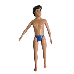 Peut inclure: Une poup&eacute;e en plastique avec une peau bronz&eacute;e, des cheveux noirs courts et des yeux bleus. La poup&eacute;e a un torse sculpt&eacute; et porte un bas de maillot de bain bleu uni. La figurine poss&egrave;de des bras et des jambes articul&eacute;s, un visage neutre.