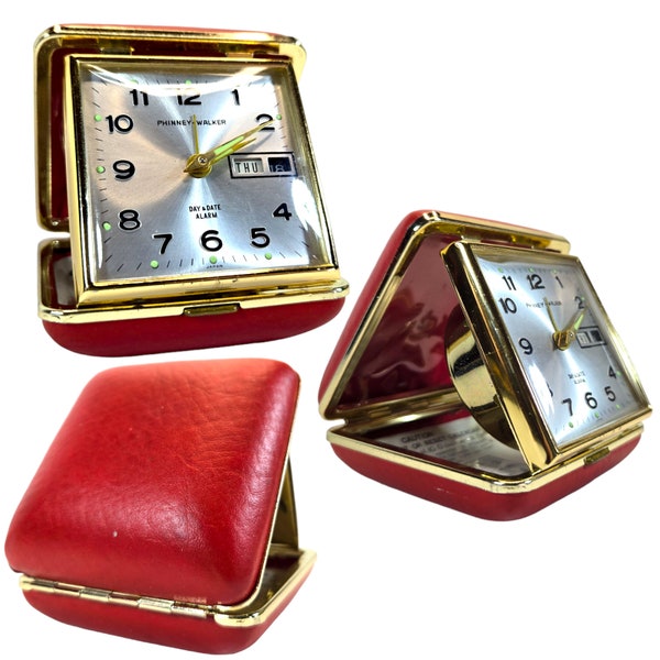 Vintage Phinney Walker Travel Alarm Clock w/ Date Red Gold Made In Japan