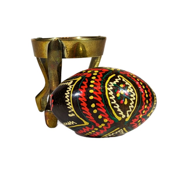 Vintage hand-painted Folk Art Egg with Brass Stand