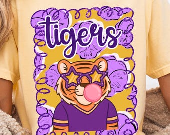Trendy Tigers Game Day T-Shirt, Purple and Gold Football Comfort Colors 1717 Tee