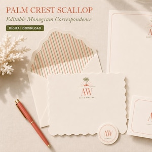 Puede incluir: Un juego de papelería con papel color crema, una tarjeta de notas con bordes festoneados, una etiqueta circular pequeña y un sobre con interior a rayas. Cada pieza muestra un icono de palmera, el monograma AW y el nombre Alice Walker en coral.