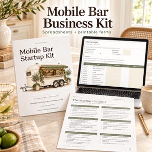 May include: A Mobile Bar Business Kit featuring a printed manual with a mobile bar illustration, a laptop displaying a startup budget spreadsheet, and a printed startup checklist. The text includes Mobile Bar Business Kit and Startup Kit.