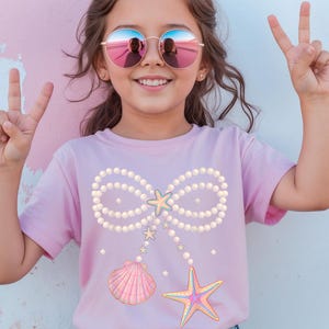 Girls Summer Vibes Coquette T-Shirt, Kids Beach Shirt, Girls Preppy Pool Gift, Mermaid Beach Shirt , Seashell Apparel, Nautical Attire