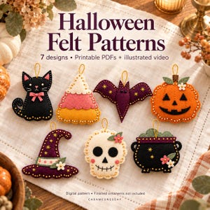 May include: Seven Halloween felt ornaments featuring a black cat, candy corn, bat, pumpkin, witch hat, skull, and cauldron. Text reads: Halloween Felt Patterns, 7 designs, Printable PDFs + illustrated video, Digital pattern, Finished ornaments not included, CASAWEDNESDAY.