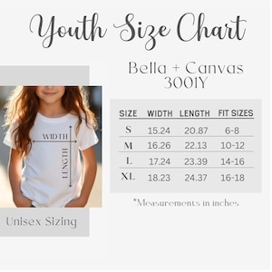 A white t-shirt with a youth size chart, including measurements in inches. The chart lists sizes S, M, L, and XL, with corresponding width and length measurements. The text "Unisex Sizing" is also present.