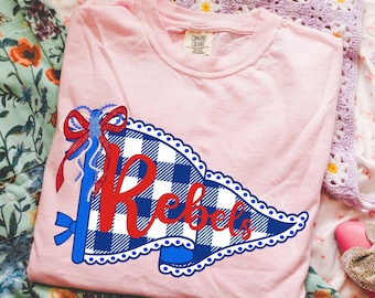 Blue & Red Gingham Game Day T-Shirt | Retro Rebels Pennant Bow Design