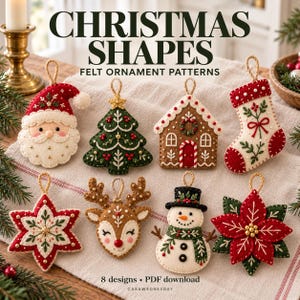 May include: Eight felt Christmas ornament patterns titled CHRISTMAS SHAPES FELT ORNAMENT PATTERNS. Designs include a Santa, tree, house, stocking, star, reindeer, snowman, and poinsettia. Text reads 8 designs PDF download CASAWEDNESDAY.