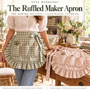 Ruffled Half Apron Sewing Pattern PDF, Three Pockets, 3 Sizes & Illustrated Video Tutorial