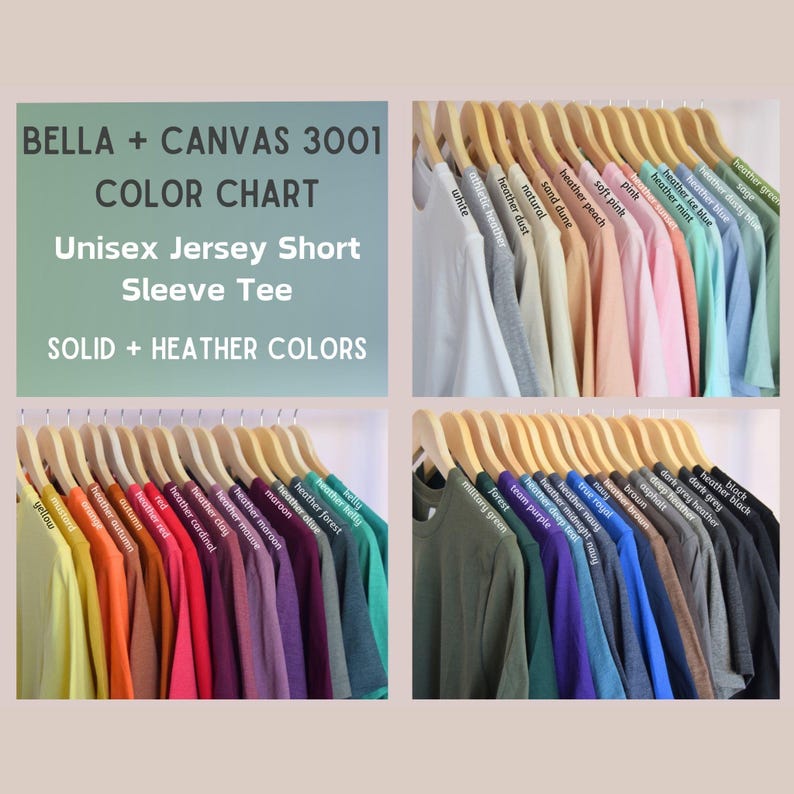 Bella + Canvas 3001 color chart showing solid and heather unisex jersey short sleeve tees on wooden hangers. Includes shades like white, heather dust, soft pink, peach, mint, kelly green, maroon, heather navy, and black.