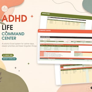 Op de afbeelding: Een digitaal Excel-systeem genaamd ADHD Life Command Center met een kleurrijke interface met oranje en groene koppen. De lay-out bevat een Brain Dump-tabblad, een Command Center-dashboard met takenlijsten en 18 gekoppelde tabbladen.
