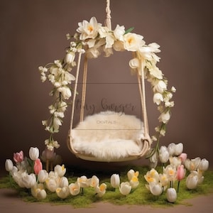 Newborn Digital Backdrop Spring Tulips Floral Bed Swing Newborn Digital Background for Newborn Photography Composite