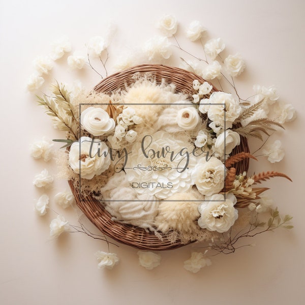 Newborn Digital Backdrop Beige White Floral Round Newborn Digital Background for Newborn Photography Composite