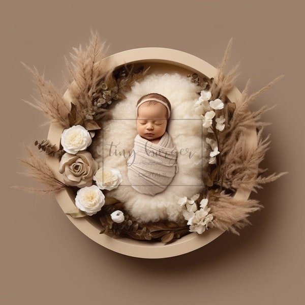 Newborn Digital Backdrop Beige Floral Round Basket Newborn Digital Background for Newborn Photography Composite