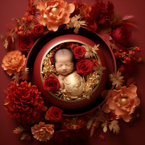 Chinese New Year of the Dragon Newborn Digital Backdrop Newborn Digital Background for Newborn Photography Composite Red Floral