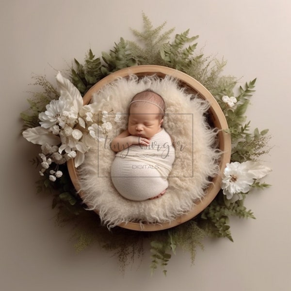 Newborn Digital Backdrop Beige White Floral Round Newborn Digital Background for Newborn Photography Composite