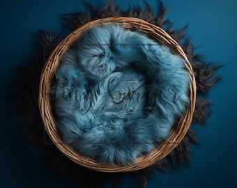 A Dark Blue Newborn Digital Backdrop Royal Blue Wicker Basket Flokati Newborn Digital Background for Newborn Photography Composite