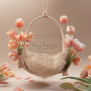 May include: A white faux fur-lined hanging baby swing with a macrame rope design. The swing is decorated with a bouquet of peach and white tulips. The text "tiny burger DIGITALS" is visible in the center of the image.