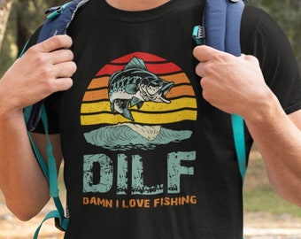 DILF Damn I Love Fishing T-shirt Men's Cotton Crew Tee Funny Fathers Day 2023 Gift for Dads Who Fish Fishing Dad Gifts Outdoors Fisherman