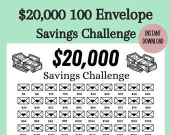 Défi enveloppe 20K imprimable, défi 100 jours, défi économie d'argent, défi économie 20K, suivi des économies, téléchargement numérique