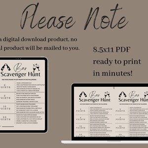May include: Two printable 8.5x11 inch PDF bar scavenger hunt game cards. The cards are black and white with a bar theme and list tasks to complete for points. The text on the cards reads "Bar Scavenger Hunt".