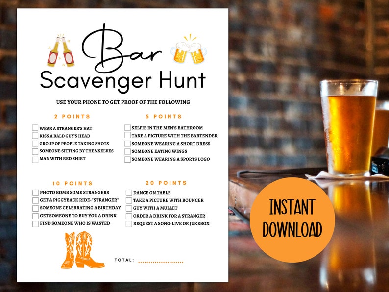 Bar Scavenger Hunt, Bar Crawl Scavenger Hunt, Bar Games, Adult