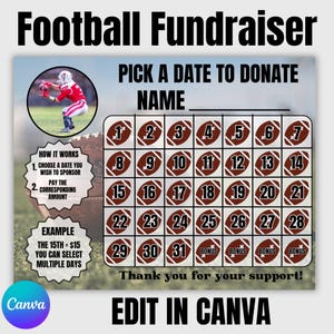 Football Fundraiser Calendar, Pick A Date To Donate, Football Player Canva Template, Sponsor My Season Calendar, Sports Team Fundraiser