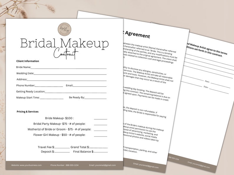 Bridal Makeup Contract, Editable Bridal Makeup Artist Contract Template ...