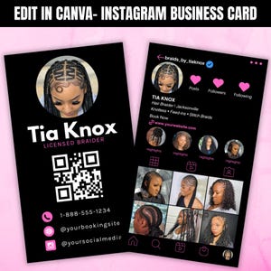 Puede incluir: Diseño de tarjeta de visita negra para una trenzadora de cabello, con una foto de una mujer con cabello trenzado. La tarjeta incluye el nombre "Tia Knox, Licensed Braider", un código QR e información de contacto. También se muestra el perfil de Instagram.