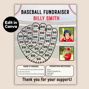 May include: Baseball fundraiser flyer with a baseball glove graphic. The flyer includes the text "BASEBALL FUNDRAISER BILLY SMITH" and "Thank you for your support!" with instructions and donation methods.