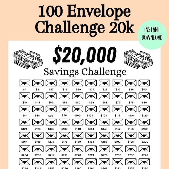 20000 Savings Challenge Printable, 100 Envelope Challenge, Money
