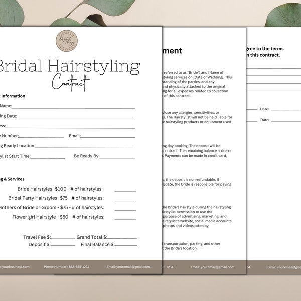 Bridal Hair Contract, Bridal Hair Styling Template, Bridal Contract, Wedding Hair Styling, Hairstylist Contract Template, Bridal Client Form