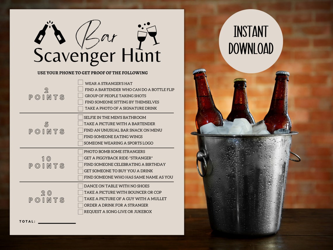 Bar Crawl Scavenger Hunt, Bar Scavenger Hunt, Bar Games, Adult Scavenger Hunt, Birthday Bar