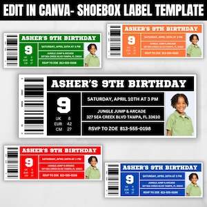 May include: Shoebox label templates with the text "Asher's 9th Birthday" in various colors. Each label includes a barcode, the number 9, and event details. The labels also feature a photo of a child.