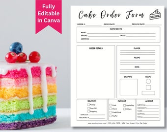 Modèle de formulaire de commande de gâteau, facture de boulangerie modifiable, formulaire de commande Canva modifiable, facture de commande de gâteau, commande de gâteau de mariage, boulangerie maison
