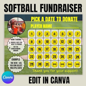 Softball Fundraiser Calendar, Pick A Date To Donate, Softball Canva Template, Sports Donation Calendar, Team Support
