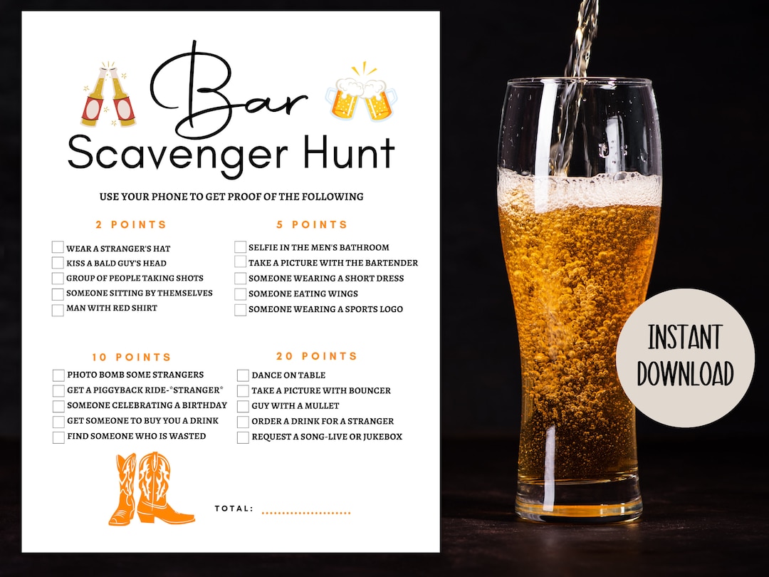 Bar Scavenger Hunt, Bar Crawl Scavenger Hunt, Bar Games, Adult Scavenger Hunt, Birthday Bar