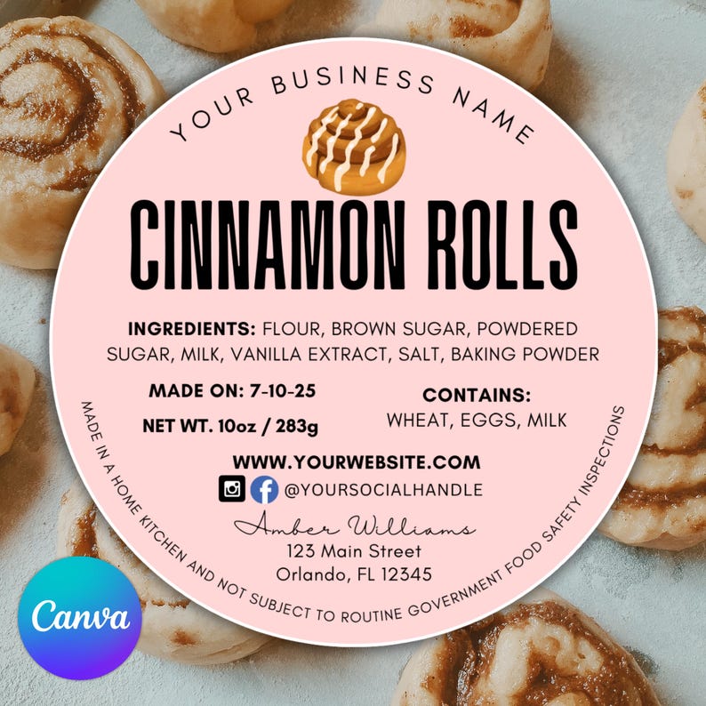 Editable Cottage Cinnamon Roll Food Label, Bakery Sticker, Printable ...